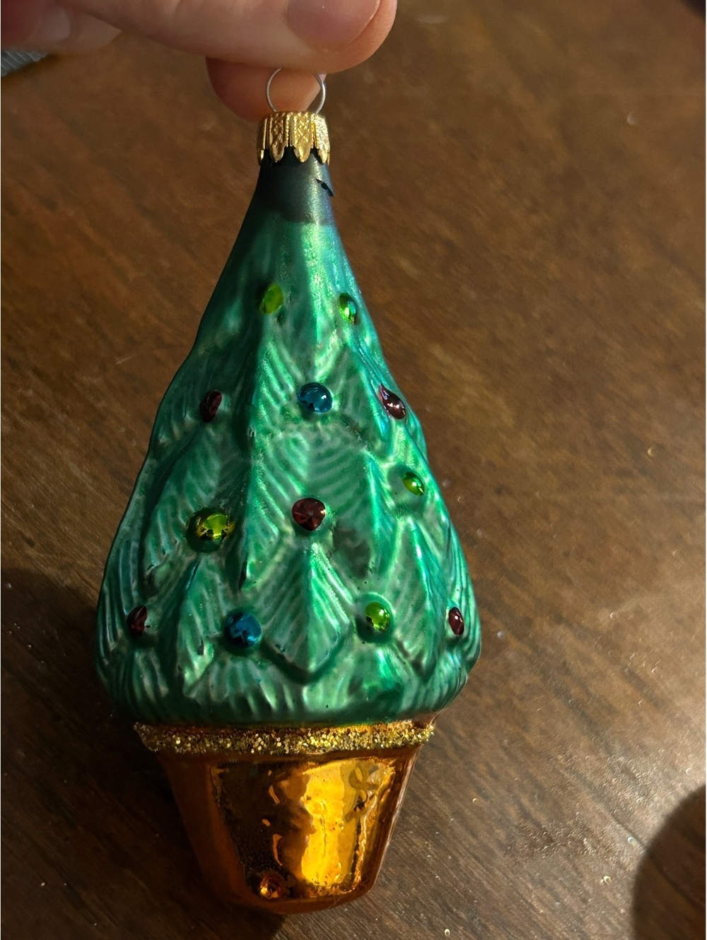 Vintage Green Glass Christmas Tree Ornament with Colorful Beads